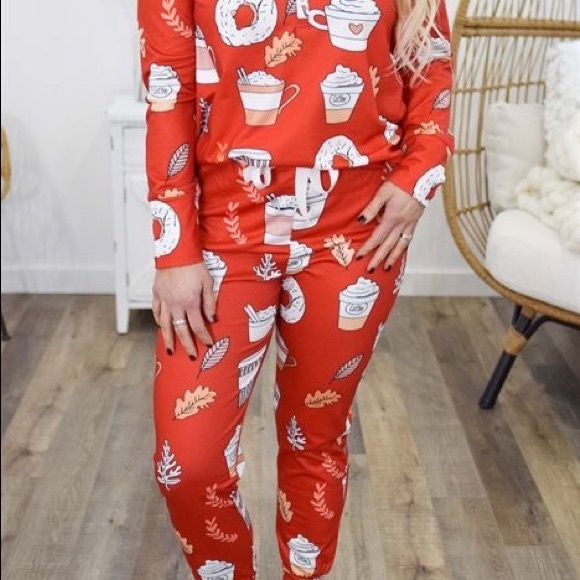 FALL AUTUMN PUMPKIN SPICE DONUT STARBUCKS COFFEE Frappuccino PAJAMAS PJ - Picture 3 of 7